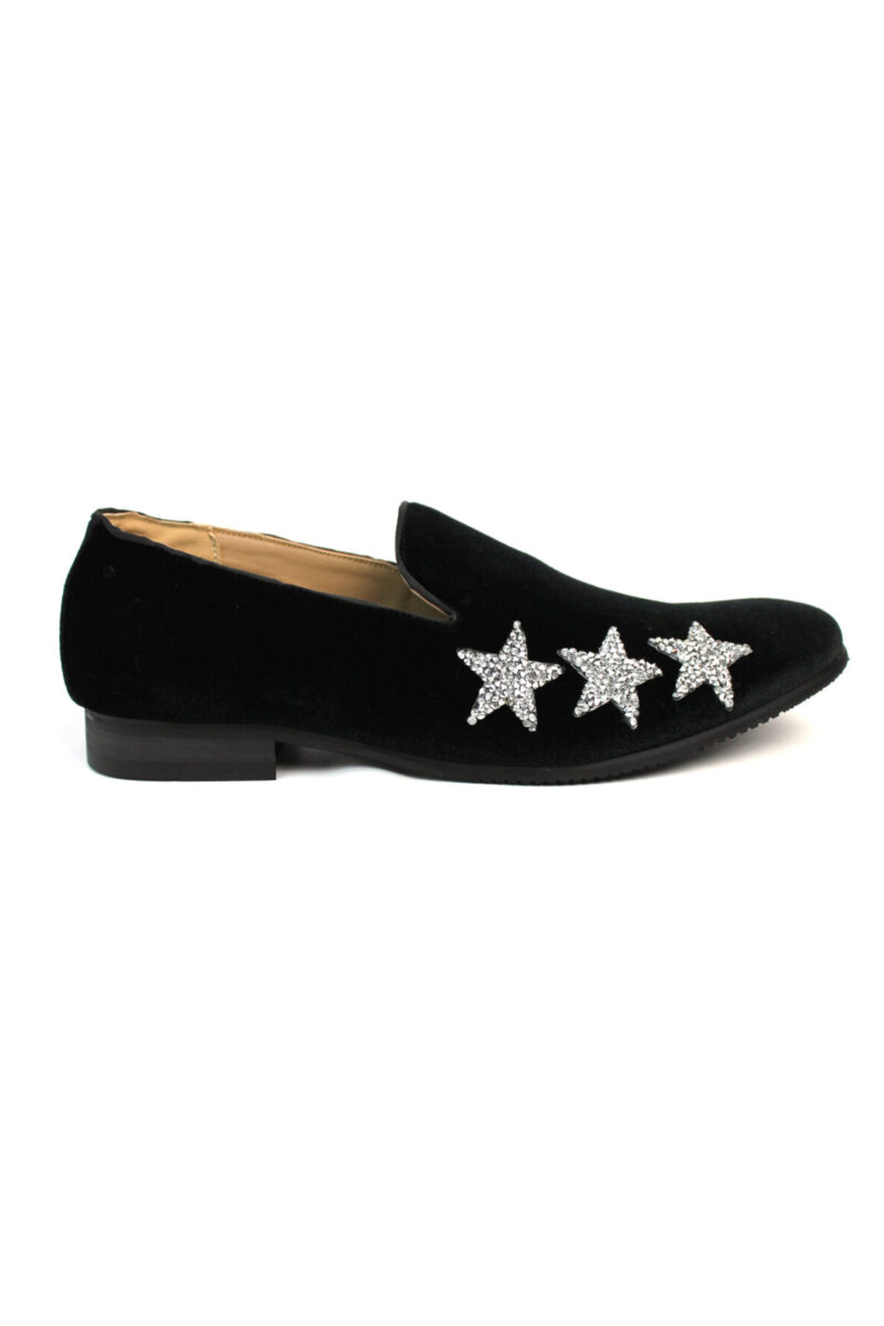 Men's Slip On Black Velvet Dress Loafers With Silver Rhinestone Stars