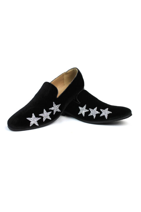 Alternative view of Men's Slip On Black Velvet Dress Loafers With Silver Rhinestone Stars