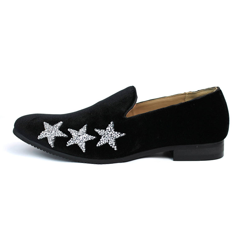 Men's Slip On Black Velvet Dress Loafers With Silver Rhinestone Stars - Image 6