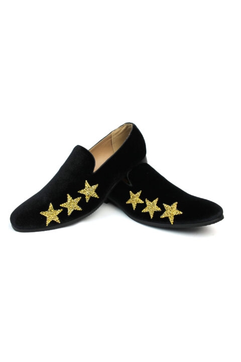 Alternative view of Men's Slip On Black Velvet Dress Loafers With Gold Rhinestone Stars