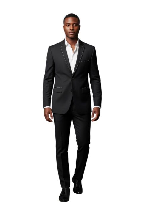 Slim Fit 2 Button Me's Solid Black Suit With Silver Studs Rhinestone Details