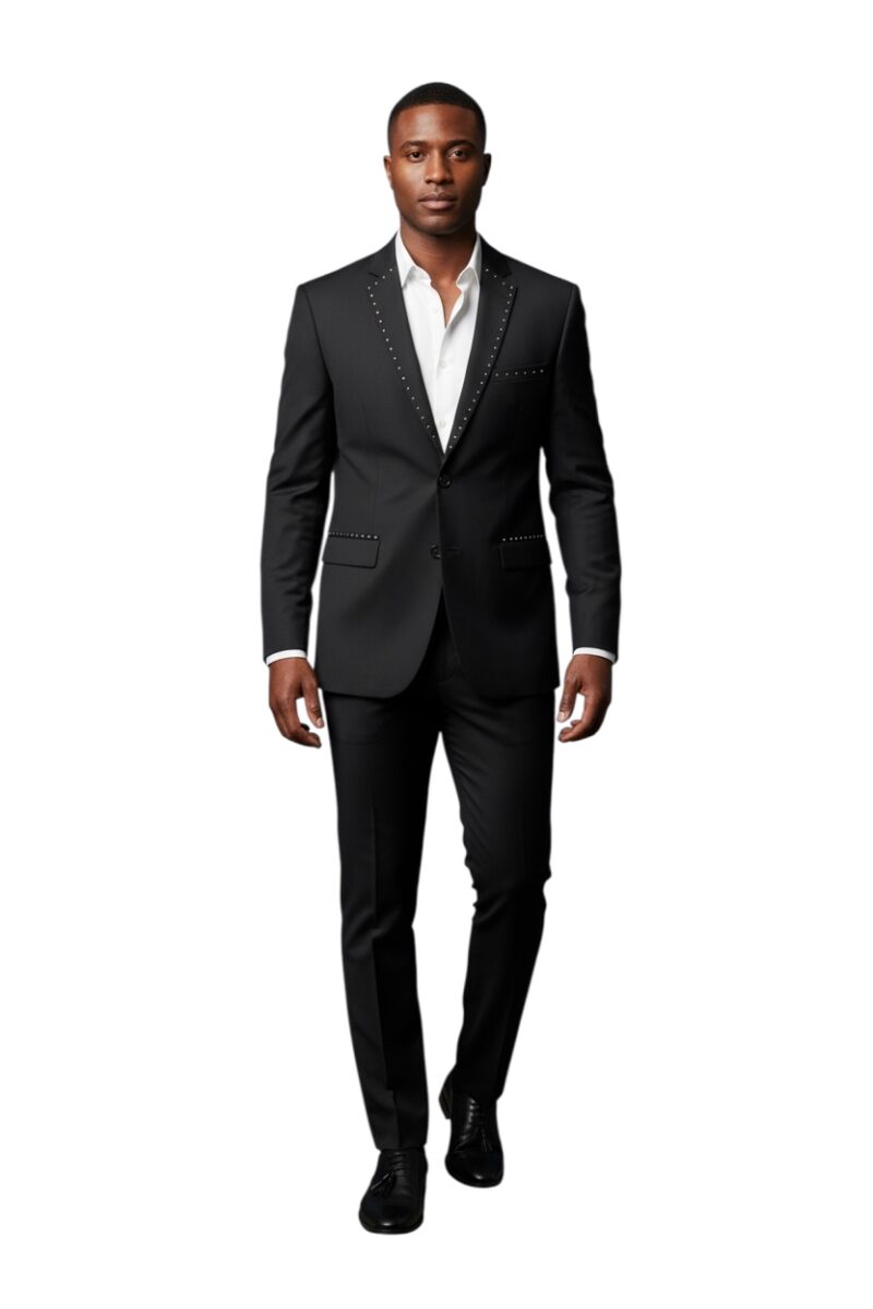 Slim Fit 2 Button Me's Solid Black Suit With Silver Studs Rhinestone Details