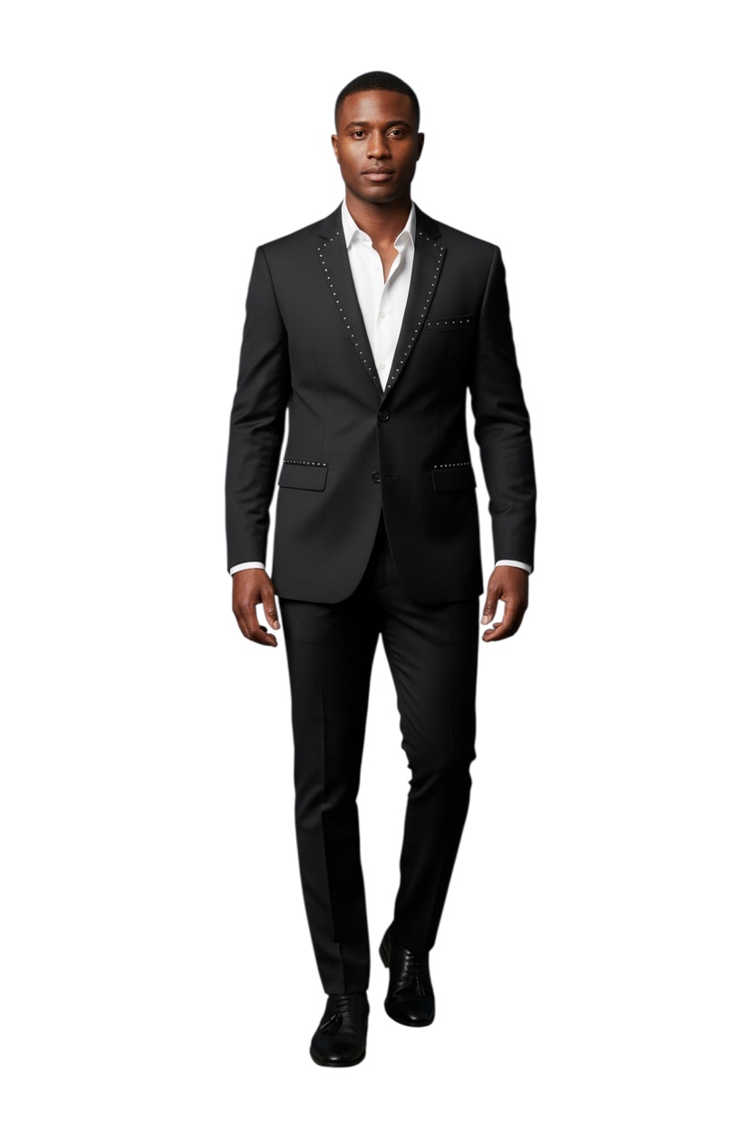 Slim Fit 2 Button Me's Solid Black Suit With Silver Studs Rhinestone Details