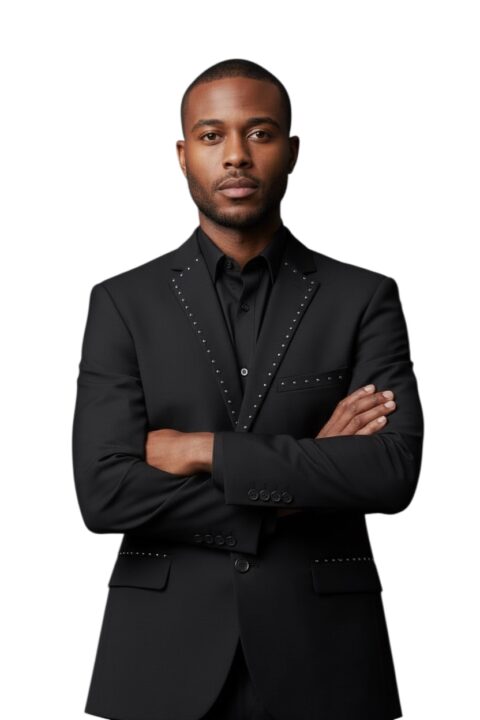 Alternative view of Slim Fit 2 Button Me's Solid Black Suit With Silver Studs Rhinestone Details