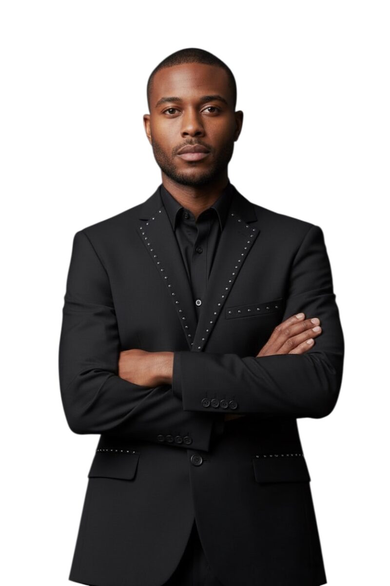 Alternative view of Slim Fit 2 Button Me's Solid Black Suit With Silver Studs Rhinestone Details