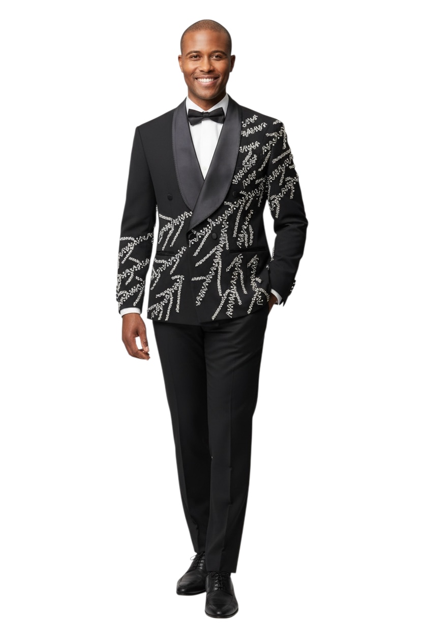 Slim Fit 2 Button Men's Black Double Breasted Shawl Lapel Tuxedo Crystal Rhinestone Details