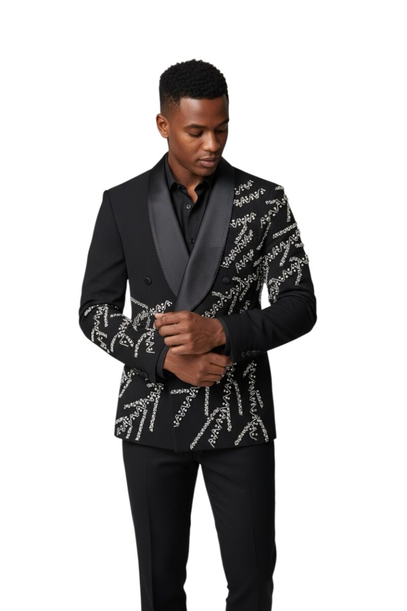 Alternative view of Slim Fit 2 Button Men's Black Double Breasted Shawl Lapel Tuxedo Crystal Rhinestone Details