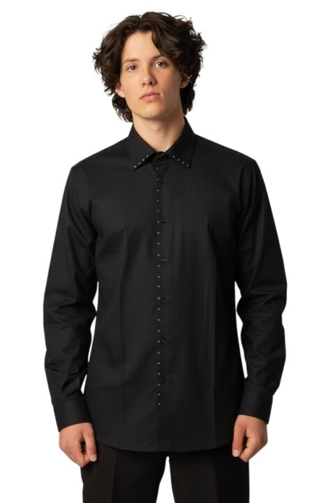 Alternative view of Slim Fit Men's Black Dress Shirt Handmade Silver Studs Rhinestone Design