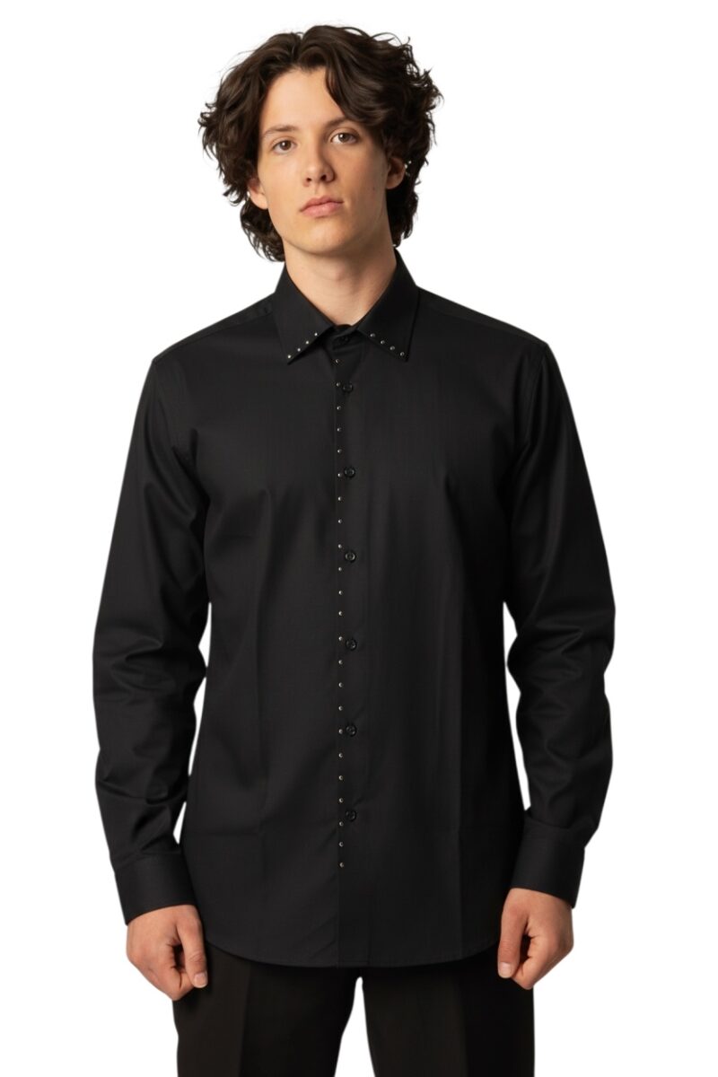 Alternative view of Slim Fit Men's Black Dress Shirt Handmade Silver Studs Rhinestone Design