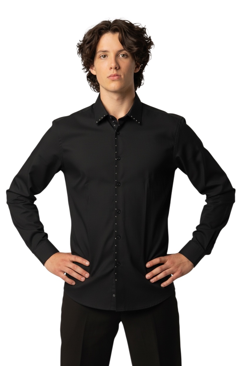 Slim Fit Men's Black Dress Shirt Handmade Silver Studs Rhinestone Design - Image 3