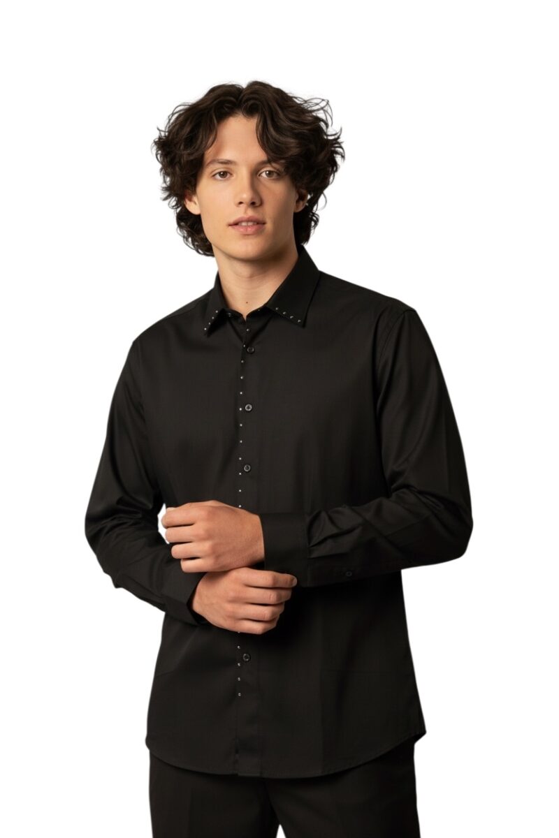 Slim Fit Men's Black Dress Shirt Handmade Silver Studs Rhinestone Design
