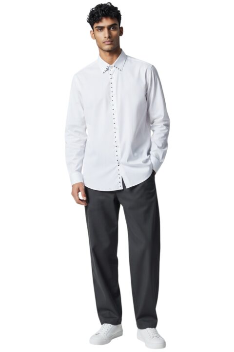 Alternative view of Slim Fit Men's White Dress Shirt Handmade Black Studs Rhinestone Design