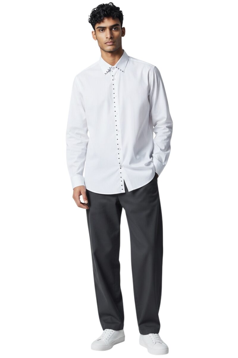 Alternative view of Slim Fit Men's White Dress Shirt Handmade Black Studs Rhinestone Design