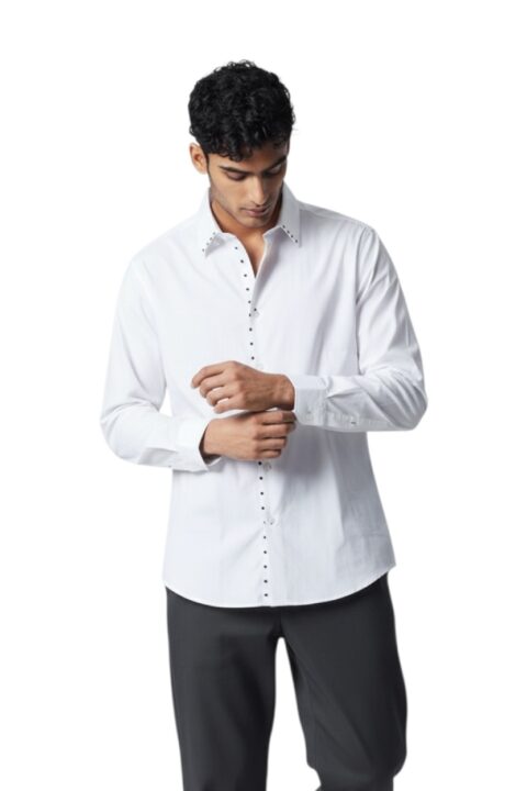Slim Fit Men's White Dress Shirt Handmade Black Studs Rhinestone Design
