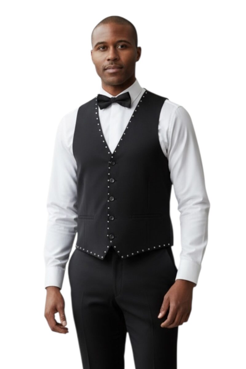 Slim Fit Men's Black Dress Vest Handmade Silver Studs Rhinestones Design Formal Fashion