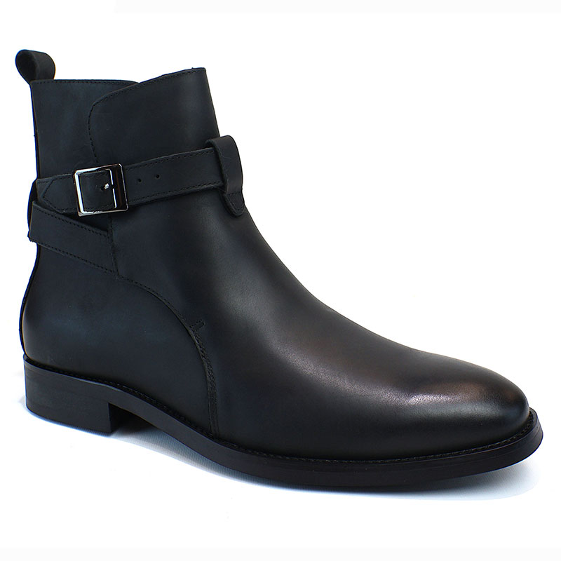 Alternative view of Men's Black Genuine Leather Round Toe Boots Buckle & Straps Ankle Fashion
