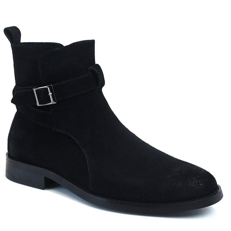 Alternative view of Men's Genuine Black Suede Round Toe Boots Buckle & Straps Ankle Fashion