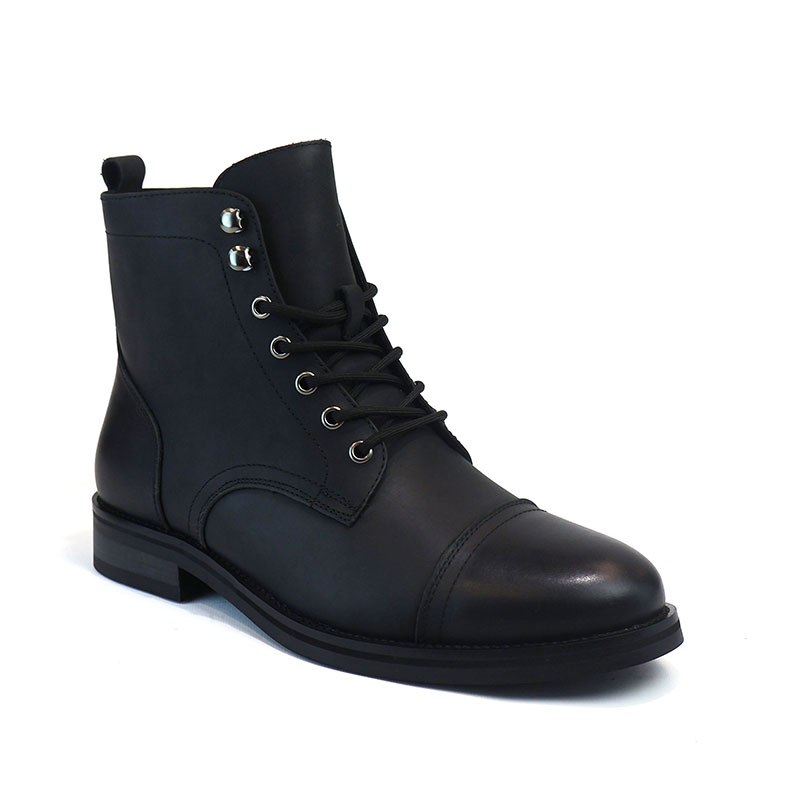 Alternative view of Men's Black Leather Cap Toe Genuine Leather Boots Ankle Lace-up Fashion