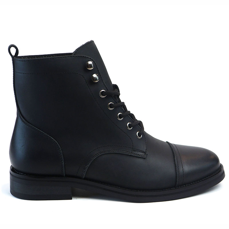 Men's Black Leather Cap Toe Genuine Leather Boots Ankle Lace-up Fashion