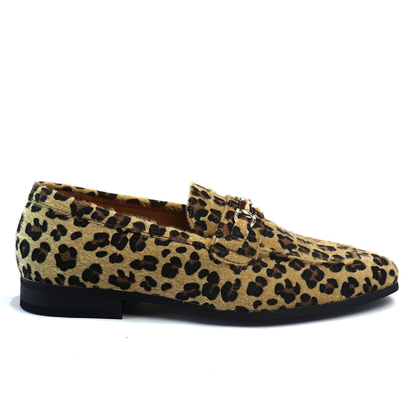 Men's Slip On Tan Leopard Loafers With Gold Buckle Dress Shoes