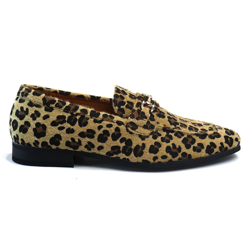 Men's Slip On Tan Leopard Loafers With Gold Buckle Dress Shoes