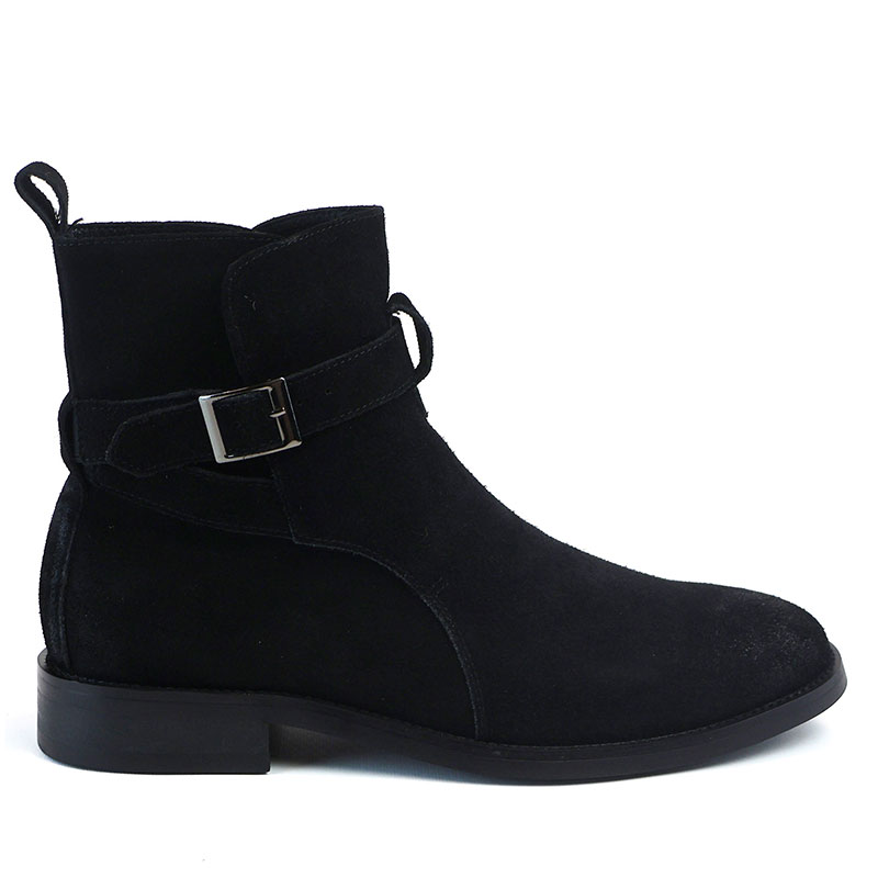 Men's Genuine Black Suede Round Toe Boots Buckle & Straps Ankle Fashion